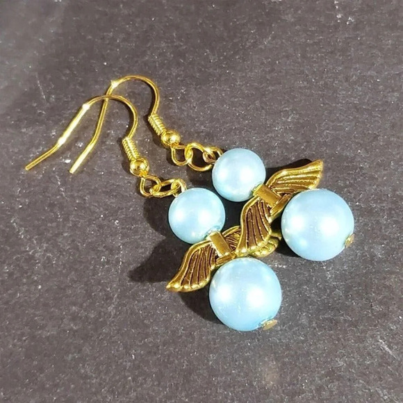 Sustainable Christmas Holiday Angels Gold Plated Light Blue Glass Pearl Earrings - Picture 8 of 9
